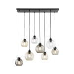 Lampa wisząca Cubus z osiemnastoma żarówkami E27 w różnych kształtach, umieszczona na czarnej podstawie. Szkła w kolorze przezroczystym i lekko przydymionym, zwisające na cienkich czarnych przewodach. Idealna do nowoczesnych wnętrz.