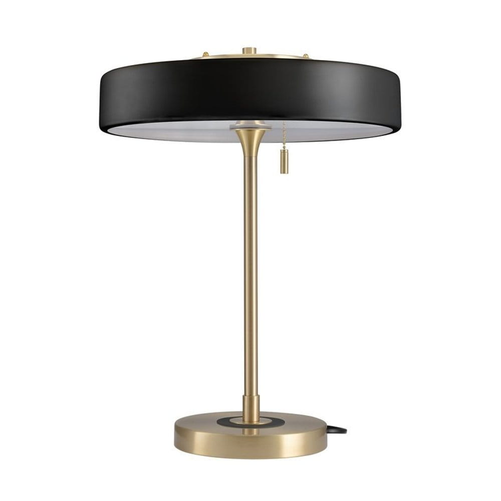 Lampa stołowa Artdeco 3xE14 w kolorze złotym szczotkowanym i czarnym. Posiada okrągłą podstawę, smukły stelaż oraz okrągły klosz. Widoczny metalowy element z łańcuszkiem do regulacji. Ujęcie frontalne, na jednolitym tle.