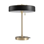 Lampa stołowa Artdeco 3xE14 w kolorze złotym szczotkowanym i czarnym. Posiada okrągłą podstawę, smukły stelaż oraz okrągły klosz. Widoczny metalowy element z łańcuszkiem do regulacji. Ujęcie frontalne, na jednolitym tle.