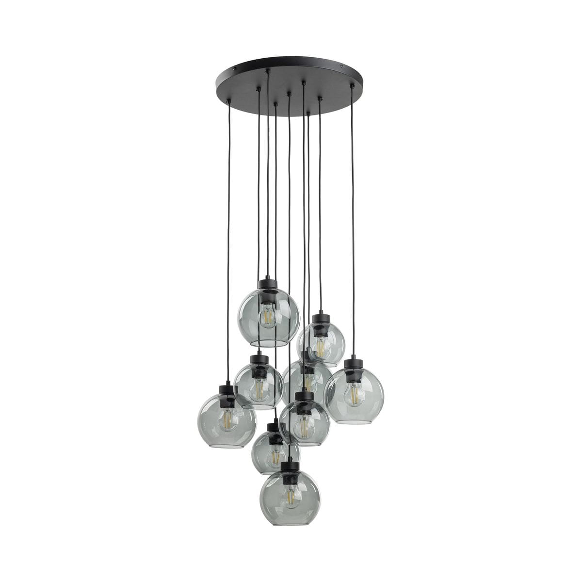 Lampa wisząca Cubus z 9 kloszami E27 w kolorze czarnym i grafitowym. Klosze w formie szklanych kul zawieszone na cienkich przewodach, montowane na okrągłej, czarnej podstawie. Zawieszona w pionie, tworzy nowoczesną aranżację oświetleniową.