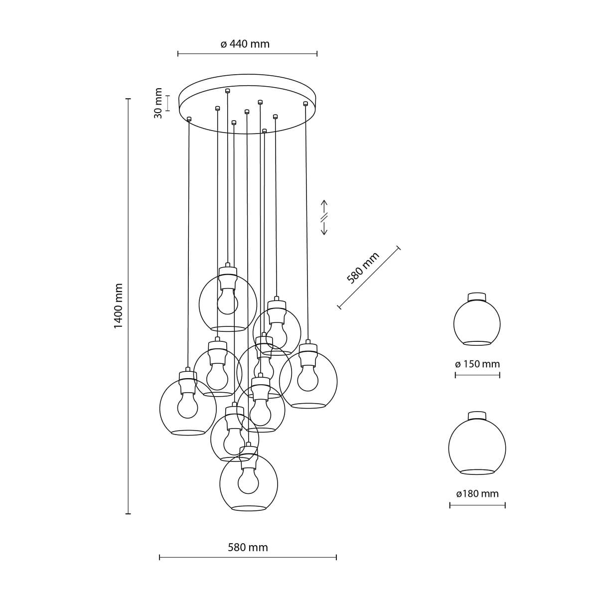 Lampa wisząca Cubus z 9 oprawami E27 w kolorze czarnym i grafitowym. Okrągły sufitowy uchwyt o średnicy 440 mm, długość zwisających przewodów 1400 mm. Szklane klosze w dwóch rozmiarach: 150 mm i 180 mm, rozmieszczone na różnych wysokościach.