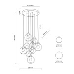 Lampa wisząca Cubus z 9 oprawami E27 w kolorze czarnym i grafitowym. Okrągły sufitowy uchwyt o średnicy 440 mm, długość zwisających przewodów 1400 mm. Szklane klosze w dwóch rozmiarach: 150 mm i 180 mm, rozmieszczone na różnych wysokościach.