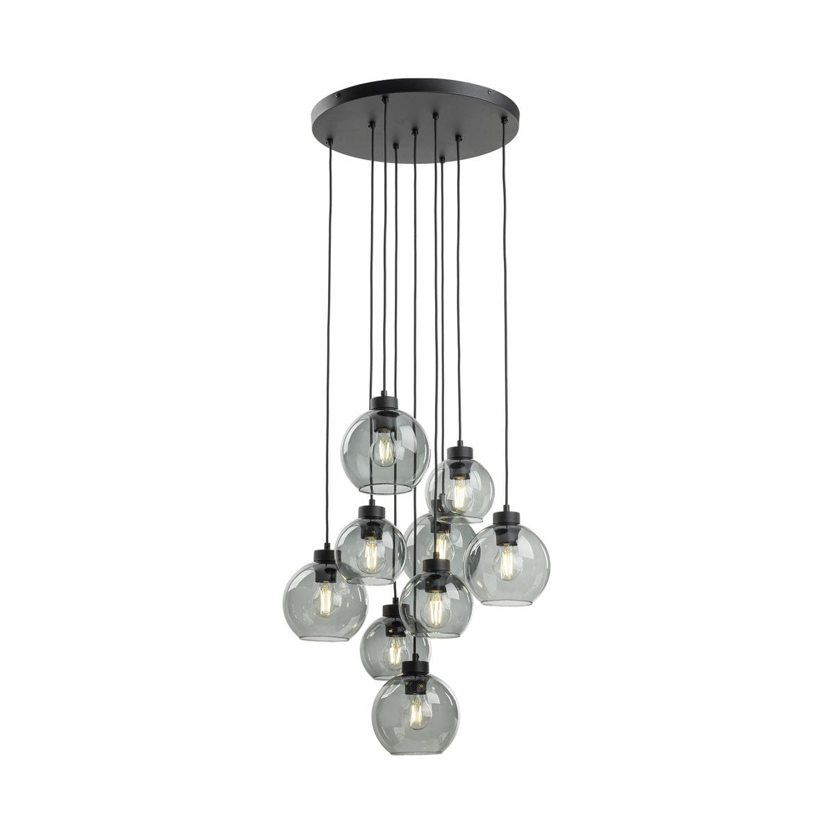 Lampa wisząca Cubus 9xE27 w kolorze czarnym i grafitowym. Składa się z dziewięciu przezroczystych, okrągłych kloszy zawieszonych na czarnych linkach, montowana do sufitu. Okrągła podsufitka metalowa, minimalistyczny design.