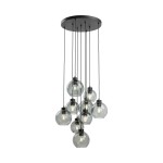 Lampa wisząca Cubus 9xE27 w kolorze czarnym i grafitowym. Składa się z dziewięciu przezroczystych, okrągłych kloszy zawieszonych na czarnych linkach, montowana do sufitu. Okrągła podsufitka metalowa, minimalistyczny design.