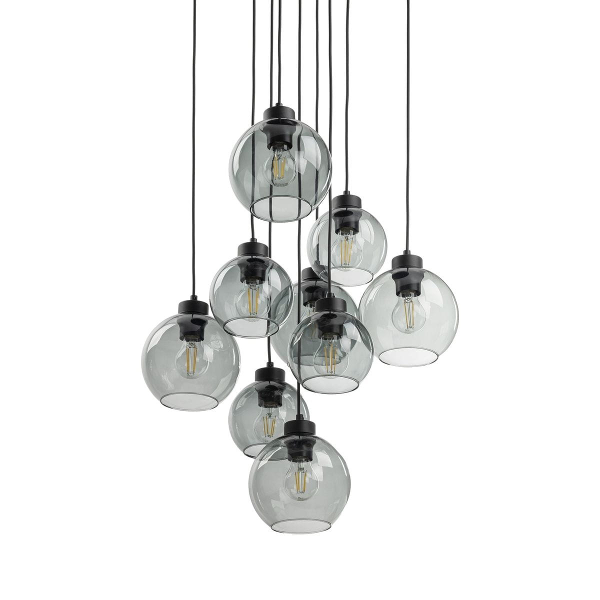 Lampa wisząca Cubus z dziewięcioma kulistymi kloszami w kolorze czarnym i grafitowym, zawieszona na cienkich, czarnych przewodach. Klosze wykonane z przezroczystego szkła, z widocznymi żarówkami E27, w różnych wysokościach, tworzą efektowną kompozycję.
