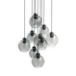 Lampa wisząca Cubus z dziewięcioma kulistymi kloszami w kolorze czarnym i grafitowym, zawieszona na cienkich, czarnych przewodach. Klosze wykonane z przezroczystego szkła, z widocznymi żarówkami E27, w różnych wysokościach, tworzą efektowną kompozycję.