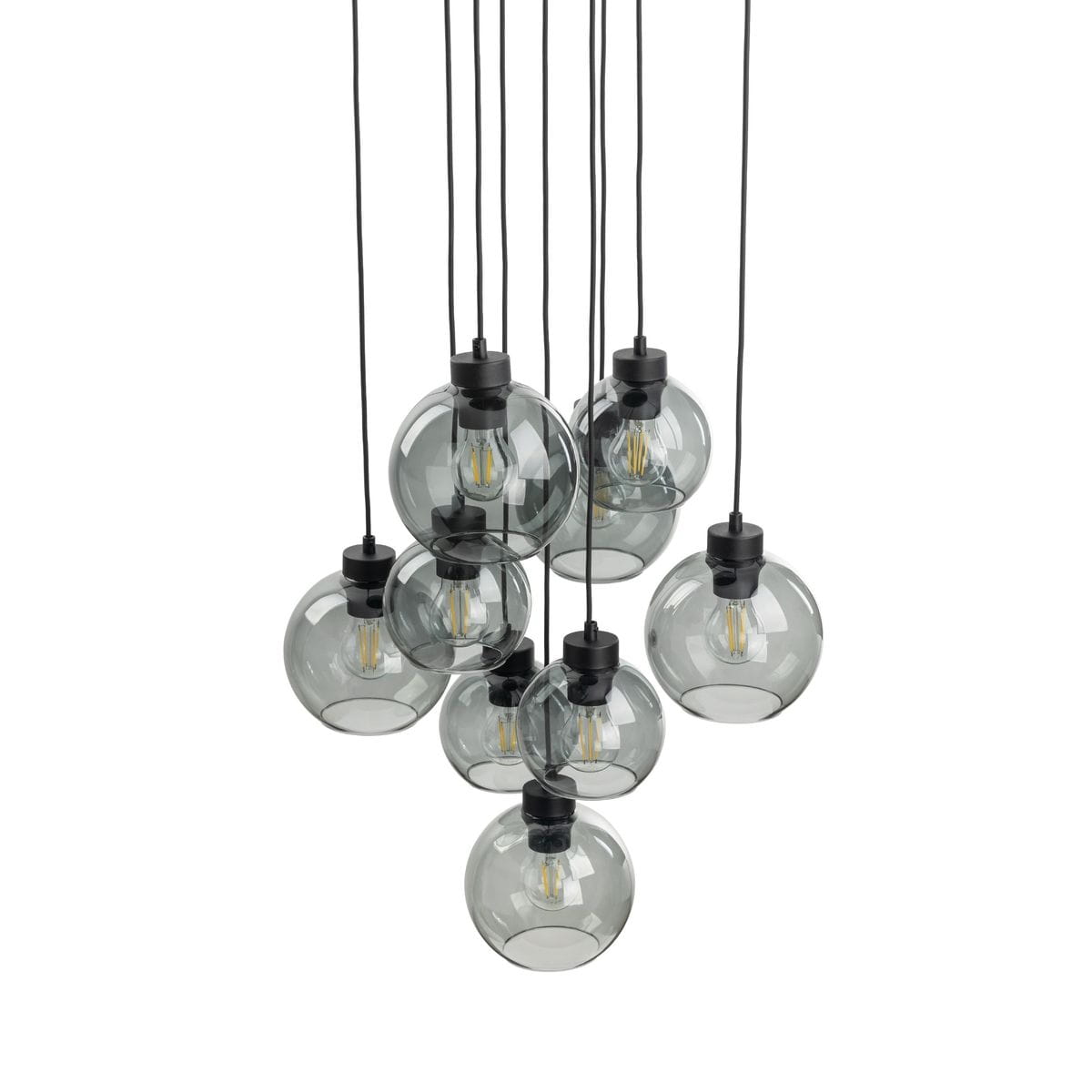 Lampa wisząca Cubus z dziewięcioma szklanymi kloszami w odcieniach czerni i grafitu, zawieszona na czarnych przewodach. Klosze mają okrągły kształt, a widoczne żarówki E27 dodają nowoczesnego charakteru.