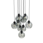 Lampa wisząca Cubus z dziewięcioma szklanymi kloszami w odcieniach czerni i grafitu, zawieszona na czarnych przewodach. Klosze mają okrągły kształt, a widoczne żarówki E27 dodają nowoczesnego charakteru.