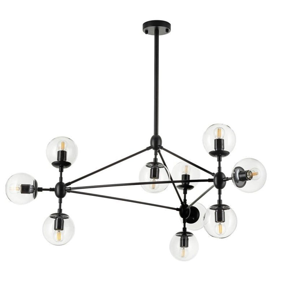 Lampa wisząca Astrifero z dziesięcioma oprawami E27, w czarnej metalowej konstrukcji z przezroczystymi kloszami. Ujęcie z góry, prezentujące nowoczesny design i geometryczny kształt. Idealna do wnętrz w stylu industrialnym.