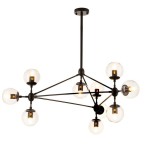 Lampa wisząca Astrifero z dziesięcioma oprawami E27, w czarnej metalowej konstrukcji z transparentnymi kulistymi kloszami. Produkt zawieszony na cienkim, czarnym przewodzie, pokazujący nowoczesny design.