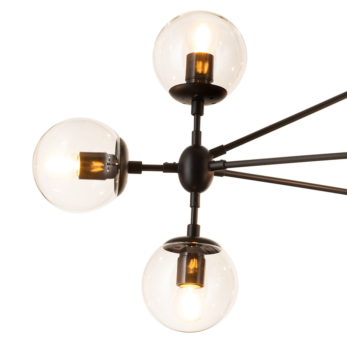 Lampa wisząca Astrifero z dziesięcioma oprawami E27, w kolorze czarnym i transparentnym. Trzy szklane kule z widocznymi żarówkami, metalowe elementy w kolorze czarnym, zastosowanie: do wnętrz. Ujęcie z góry, ukazujące szczegóły konstrukcji.