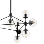 Lampa wisząca Astrifero z 10 punktami świetlnymi E27, w czarnej metalowej oprawie z przezroczystymi kloszami w kształcie kul. Produkt zawieszony, ukazujący nowoczesny design i minimalistyczną estetykę.