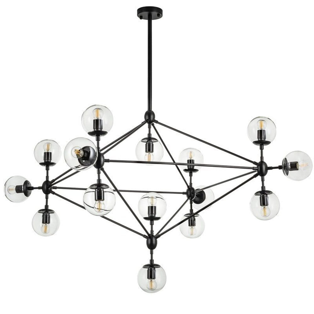 Lampa wisząca Astrifero z 15 oprawami E27, w kolorze czarnym z przezroczystymi kloszami. Produkt w formie geometrycznej, zawieszony na długim przewodzie, umiejscowiony centralnie, z widocznymi żarówkami w szklanych kulach.
