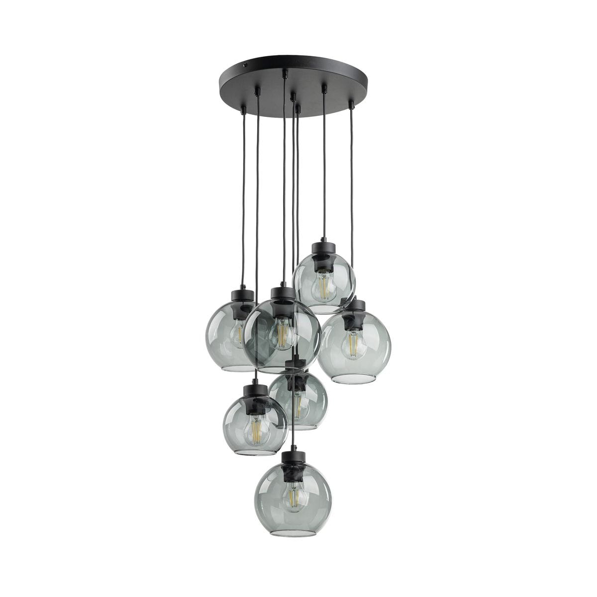 Lampa wisząca Cubus z siedmioma kulistymi kloszami w kolorze grafitowym, zawieszona na czarnych linkach, montowana na okrągłej podstawie. Klosze mają przezroczyste wykończenie, eksponując żarówki E27.
