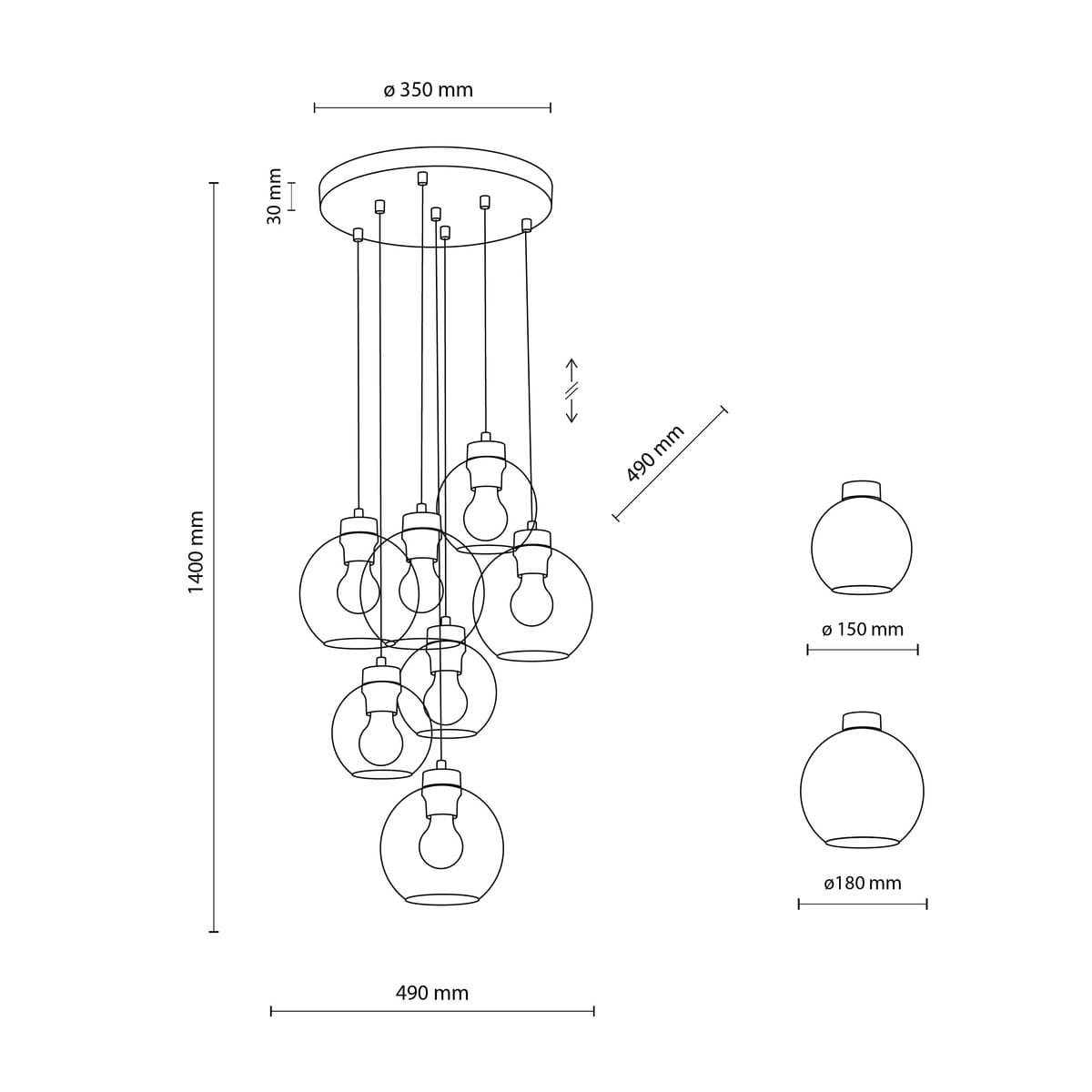 Lampa wisząca Cubus z siedmioma oprawami E27, w kolorze czarnym i grafitowym. Okrągła podsufitka o średnicy 350 mm, zwisające klosze o różnych średnicach (150 mm, 180 mm). Długość całkowita 1400 mm, z regulacją wysokości 490 mm.