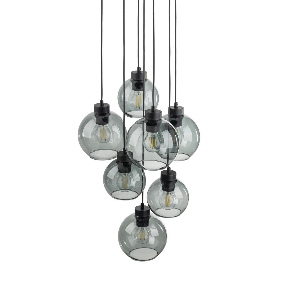Lampa wisząca Cubus z siedmioma kulistymi kloszami w szarym, przezroczystym szkle. Elementy mocujące w kolorze czarnym. Klosze zawieszone na czarnych przewodach, w różnych wysokościach, tworzą nowoczesną aranżację świetlną.