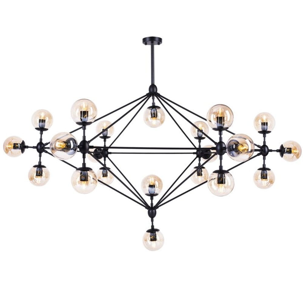 Lampa wisząca Astrifero w kolorze czarnym z bursztynowymi kloszami, z 21 gniazdami E27. Produkt ma nowoczesną konstrukcję opartą na metalowym stelażu z widocznymi żarówkami, zawieszony na cienkim przewodzie.
