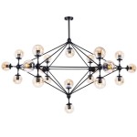 Lampa wisząca Astrifero w kolorze czarnym z bursztynowymi kloszami, z 21 gniazdami E27. Produkt ma nowoczesną konstrukcję opartą na metalowym stelażu z widocznymi żarówkami, zawieszony na cienkim przewodzie.