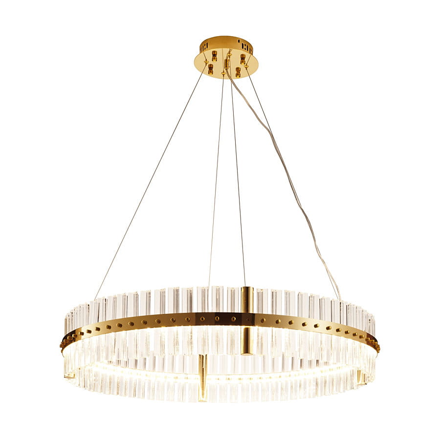 Lampa wisząca Aura w kolorze złotym, z okrągłym metalowym stelażem i szklanymi elementami. Posiada zamontowane źródło LED o mocy 60W. Wisi na cienkich linkach, prezentując elegancki design. Idealna do nowoczesnych wnętrz.