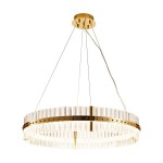 Lampa wisząca Aura w kolorze złotym, z okrągłym metalowym stelażem i szklanymi elementami. Posiada zamontowane źródło LED o mocy 60W. Wisi na cienkich linkach, prezentując elegancki design. Idealna do nowoczesnych wnętrz.