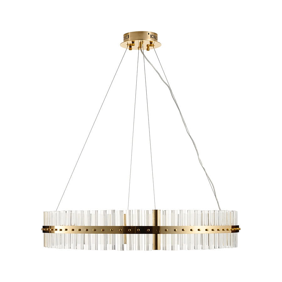 Lampa wisząca Aura w kolorze złotym, z jednym źródłem LED/60W. Okrągła konstrukcja z przezroczystymi elementami, zawieszona na cienkich linkach. Złota oprawa z dekoracyjnym paskiem i metalowymi detalami, idealna do nowoczesnych wnętrz.