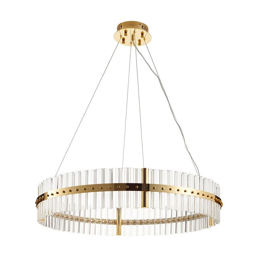 Lampa wisząca Aura w kolorze złotym z jednym źródłem LED 60W. Okrągła konstrukcja z przezroczystymi elementami szklanymi, zawieszona na cienkich linkach. Widoczny detal z centralnym pierścieniem oraz metalowymi akcentami.
