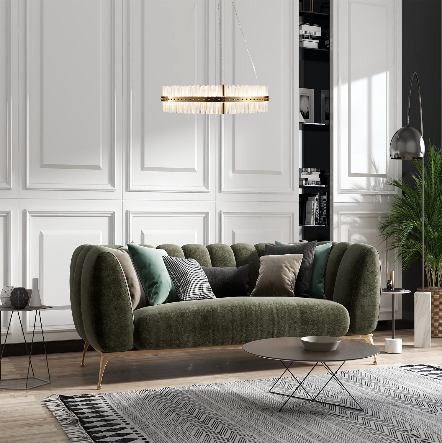 Lampa wisząca Aura 1xLED/60W w złotym wykończeniu, o prostokątnym kształcie z przezroczystymi elementami, zawieszona nad zieloną sofą w nowoczesnym salonie, na tle białej ściany z panelami.