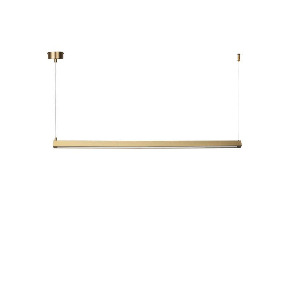Lampa wisząca Beam 80 w kolorze złotym, o prostokątnym kształcie, z podwójnym źródłem światła LED 2x8W, 3000K. Zawieszona na cienkich linkach, z widocznym mocowaniem sufitowym. Idealna do nowoczesnych wnętrz.