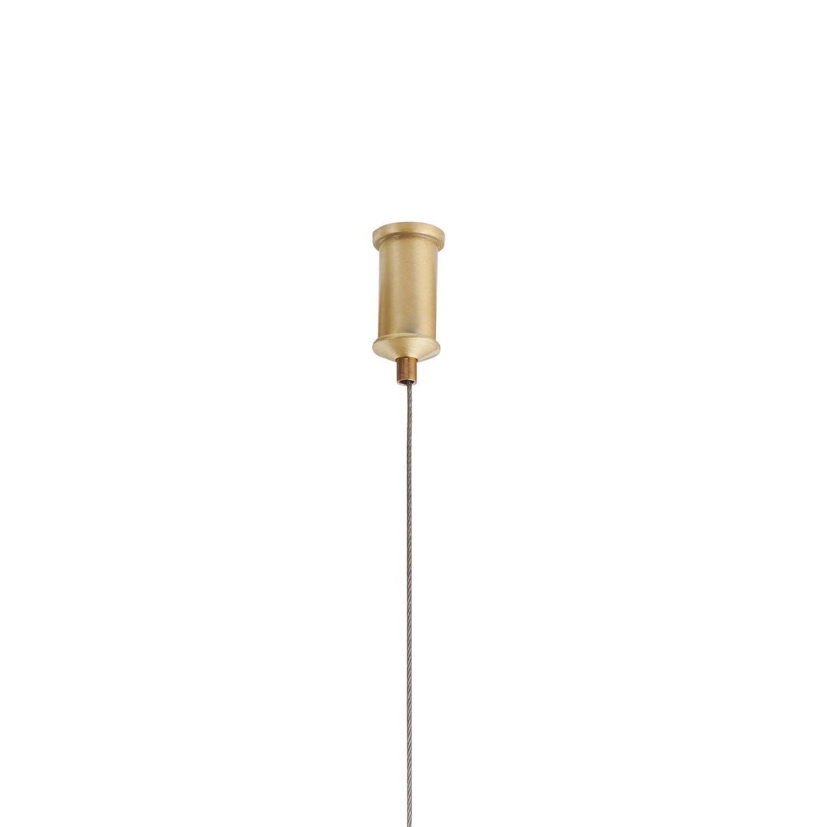 Lampa wisząca Beam 80, złota, z dwoma źródłami LED o mocy 8W i temperaturze barwowej 3000K. Montaż na długim, cienkim kablu. Prosty, cylindryczny kształt z matowym wykończeniem. Widok z dołu, wisząca.