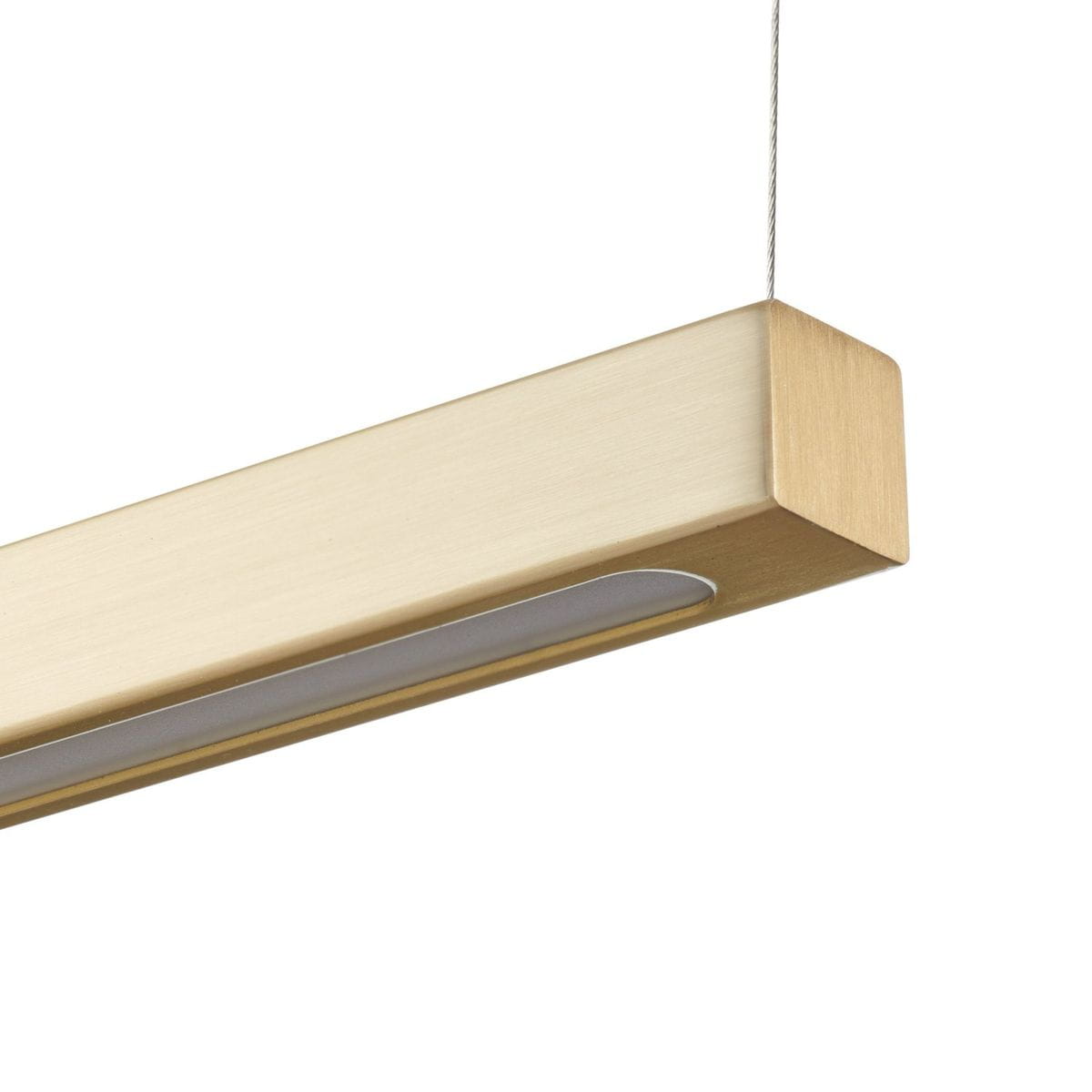 Złota lampa wisząca Beam 80, prostokątna, z dwoma źródłami światła LED 8W o temperaturze barwowej 3000K. Kąt ujęcia z boku, pokazujący delikatną fakturę metalu oraz wbudowane panelowe oświetlenie. Idealna do nowoczesnych wnętrz.