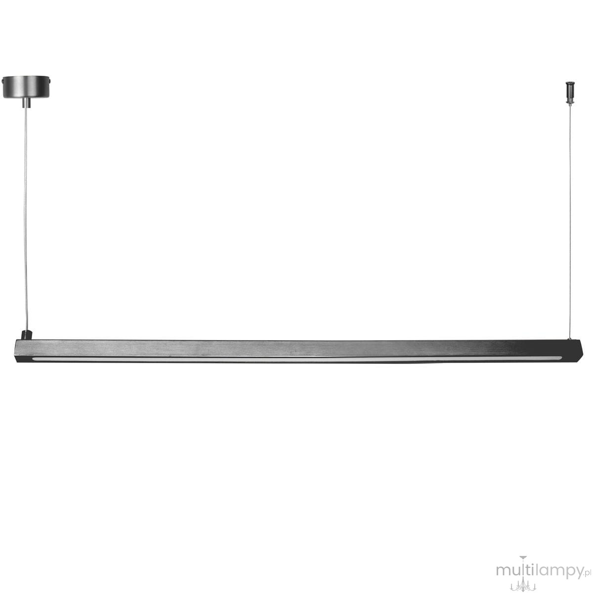 Lampa wisząca Beam 80 w kolorze tytanowym, o prostokątnym kształcie, zawieszona na cienkich linkach. Posiada dwa źródła światła LED (8W, 3000K) umieszczone wzdłuż dłuższego boku, na tle białego.