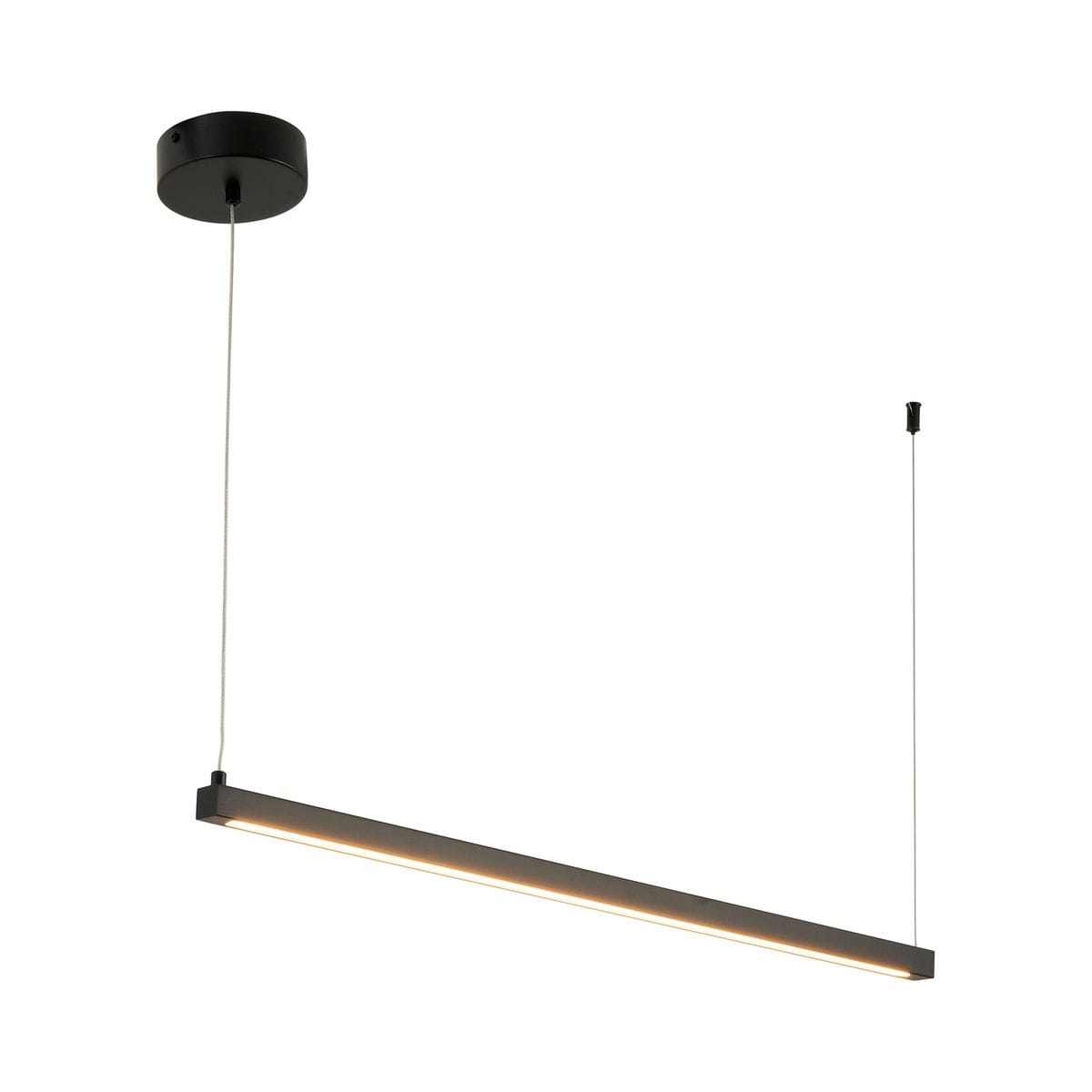 Czarna lampa wisząca Beam 80 z dwoma diodami LED o mocy 8W, temperaturze barwowej 3000K. Prosta, prostokątna konstrukcja zawieszona na cienkich linkach, z okrągłym mocowaniem sufitowym. Idealna do nowoczesnych wnętrz.