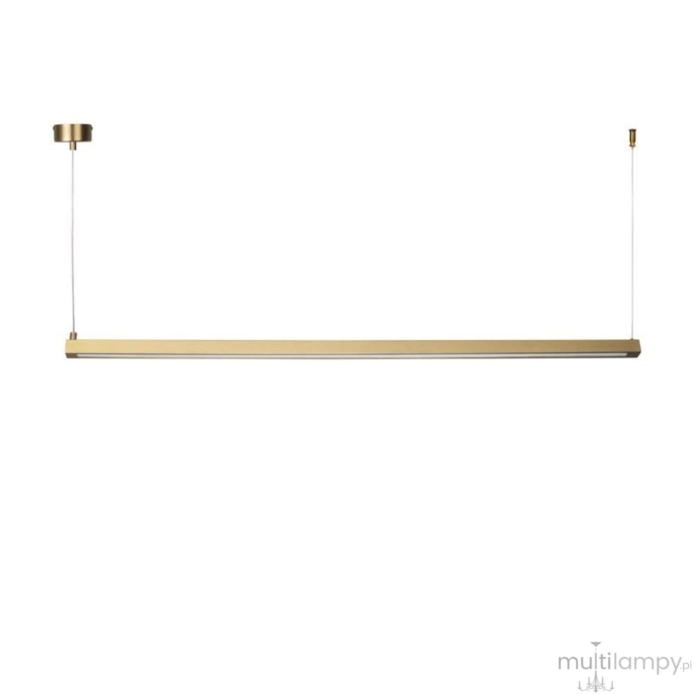 Lampa wisząca Beam 100 w kolorze złotym, z dwoma źródłami LED o mocy 10W i temperaturze barwowej 4000K. Długi, prostokątny kształt, zawieszona na cienkich linkach, idealna do nowoczesnych wnętrz.
