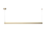 Lampa wisząca Beam 100 w kolorze złotym, z dwoma źródłami LED o mocy 10W i temperaturze barwowej 4000K. Długi, prostokątny kształt, zawieszona na cienkich linkach, idealna do nowoczesnych wnętrz.