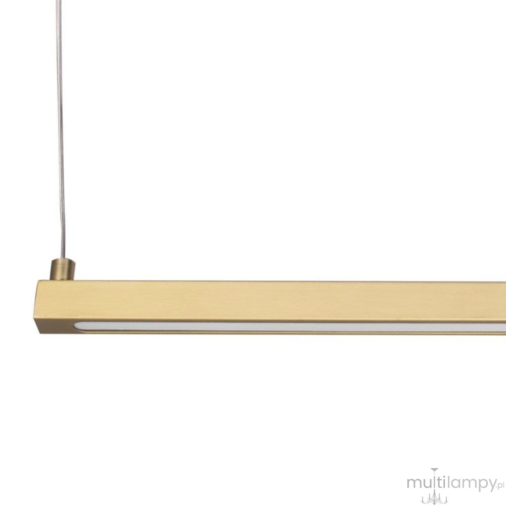 Lampa wisząca Beam 100 w kolorze złotym, o prostokątnym kształcie, z dwiema diodami LED (10W, 3000K). Zawieszona na cienkim przewodzie, z wyraźnym wcięciem na długości. Elegancki design, idealna do nowoczesnych wnętrz.