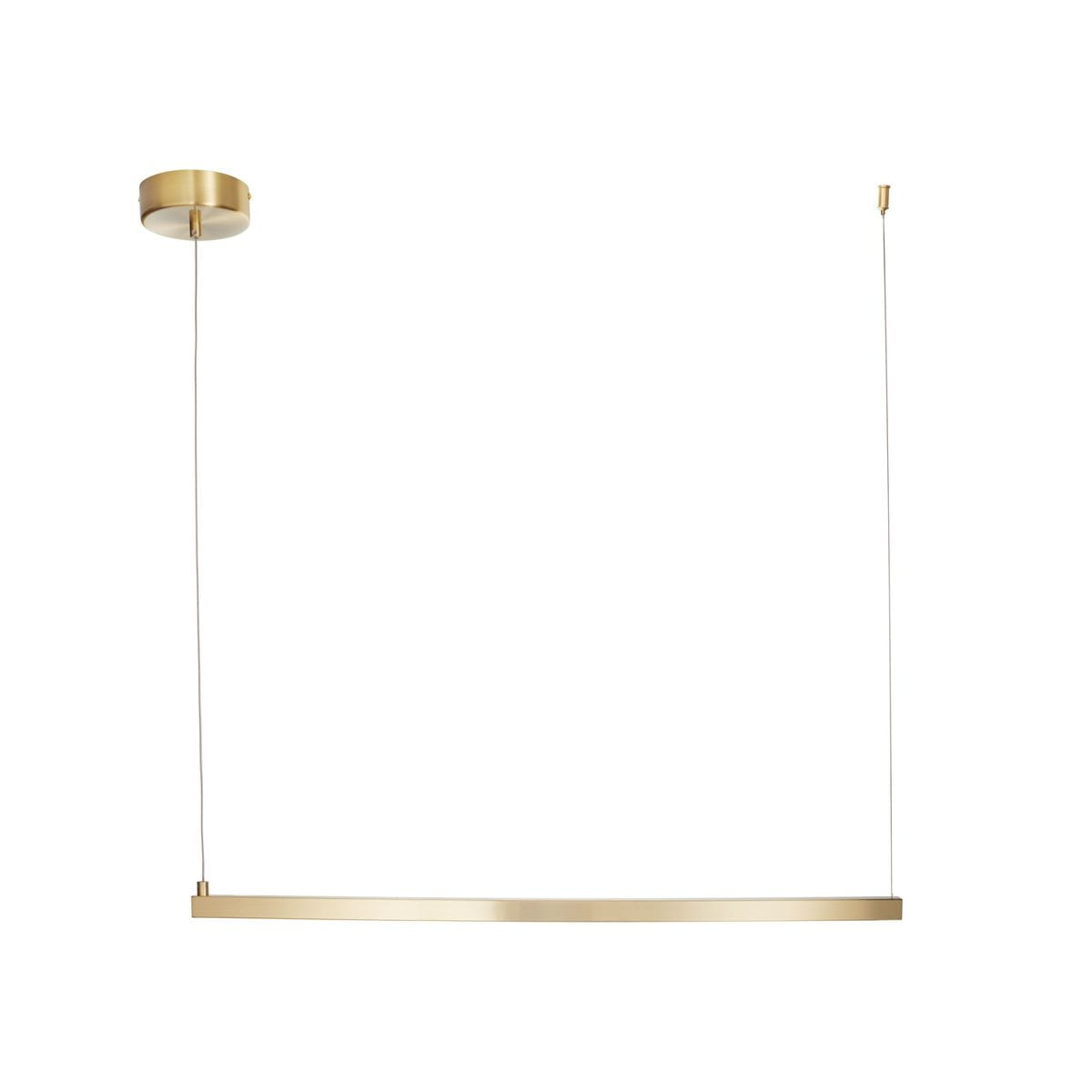 Lampa wisząca Beam 120 w kolorze złotym, z dwoma źródłami światła LED o mocy 13W i temperaturze barwowej 3000K. Produkt zawieszony na cienkich linkach, o prostokątnym kształcie, z okrągłym mocowaniem sufitowym.