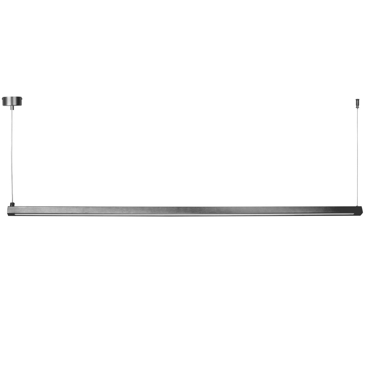 Lampa wisząca Beam 120 w kolorze tytanowym, o długości 120 cm, z dwoma źródłami LED 13W, ciepła barwa 3000K. Produkt zawieszony na cienkich linkach, z okrągłym mocowaniem sufitowym. Prosty, minimalistyczny design.