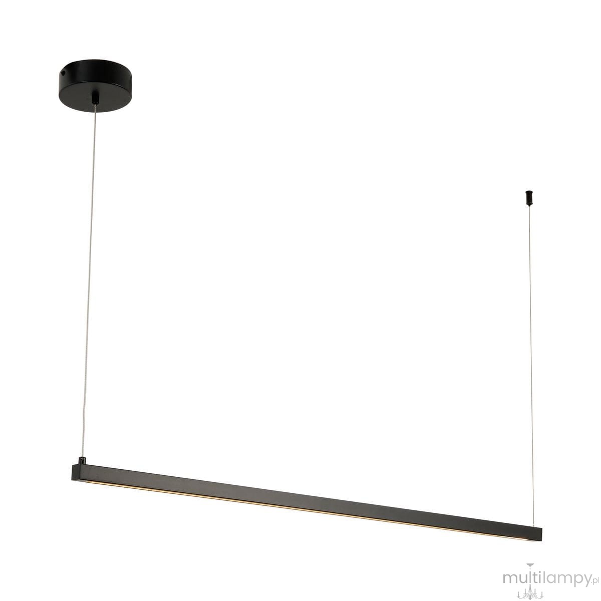 Czarna lampa wisząca Beam 120 z dwoma źródłami LED o mocy 13W, barwa światła 3000K. Prosty, prostokątny kształt, zawieszona na cienkich linkach. Klasyczny design, idealna do nowoczesnych wnętrz.