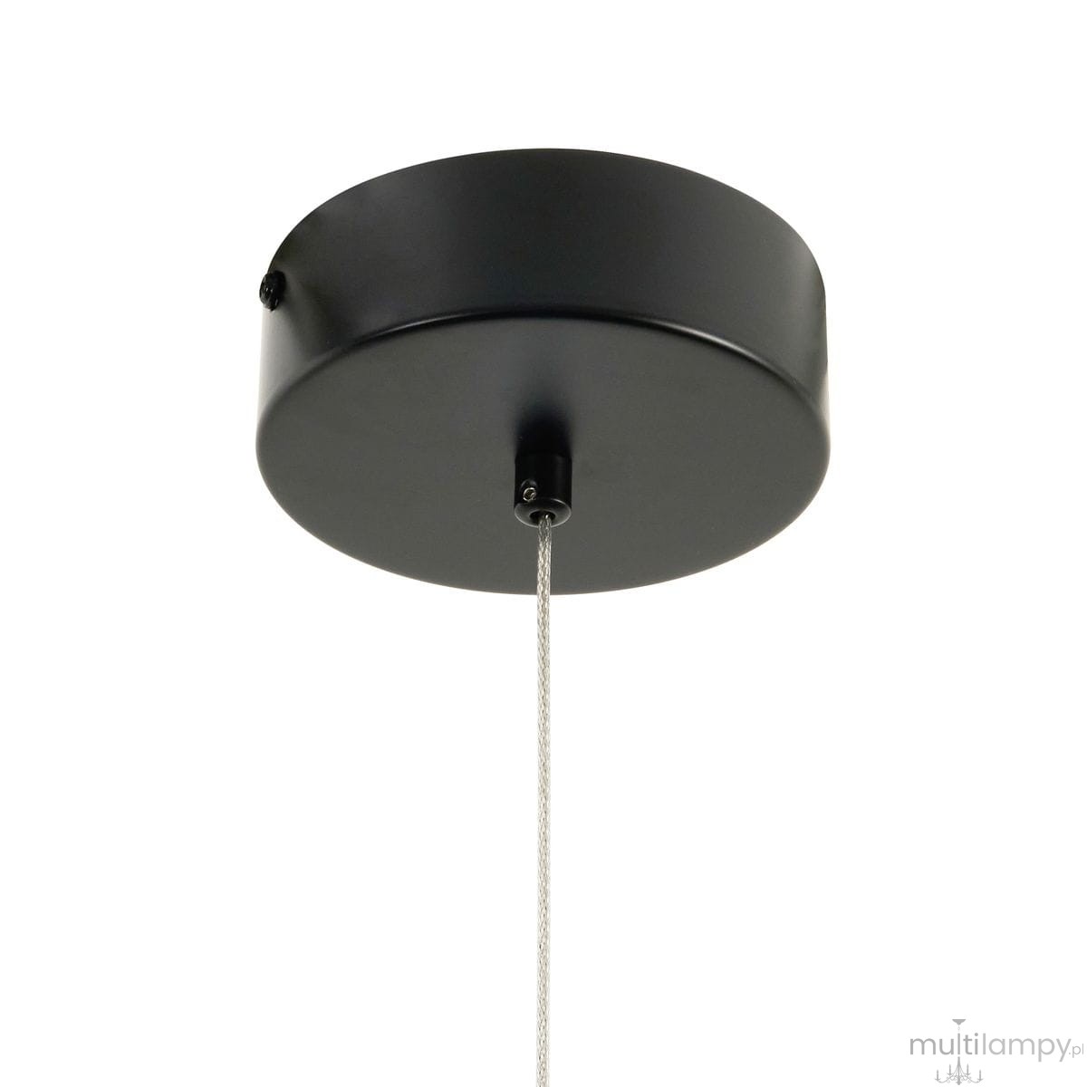 Czarna lampa wisząca Beam 120 z mocowaniem sufitowym, widok z dołu. Okrągła podsufitka o matowej powierzchni, z pojedynczym przewodem o długości. Lampa LED 2x13W, temperatura barwowa 3000K.
