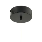 Czarna lampa wisząca Beam 120 z mocowaniem sufitowym, widok z dołu. Okrągła podsufitka o matowej powierzchni, z pojedynczym przewodem o długości. Lampa LED 2x13W, temperatura barwowa 3000K.