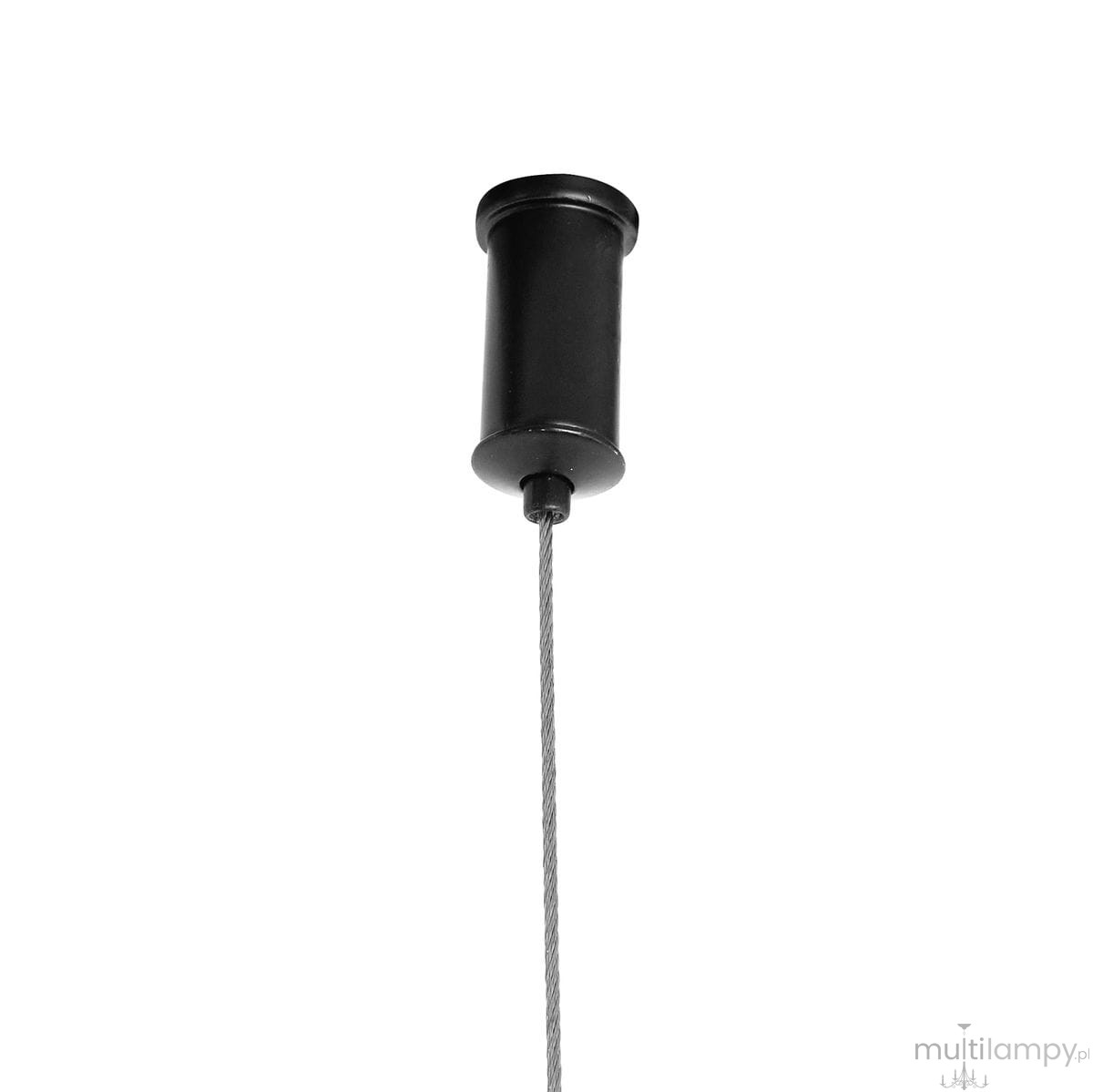 Czarny uchwyt lampy wiszącej Beam 120 z metalową linką, widoczny z góry. Uchwyt ma cylindryczny kształt, gładką powierzchnię i mocowanie do sufitu. Lampę wyposażono w dwa źródła LED o mocy 13W i temperaturze barwowej 3000K.
