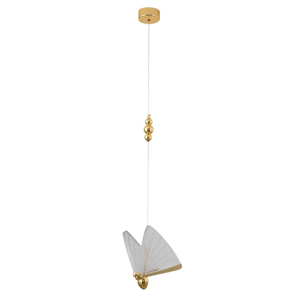 Lampa wisząca Bee w kolorze złotym, z dwoma źródłami LED 4W. Kształt przypominający motyla, wykonana z metalu i szkła, zawieszona na cienkim przewodzie. Złote kulki dekoracyjne na kablu. Proste tło białe.