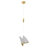 Lampa wisząca Bee w kolorze złotym, z dwoma źródłami LED 4W. Kształt przypominający motyla, wykonana z metalu i szkła, zawieszona na cienkim przewodzie. Złote kulki dekoracyjne na kablu. Proste tło białe.