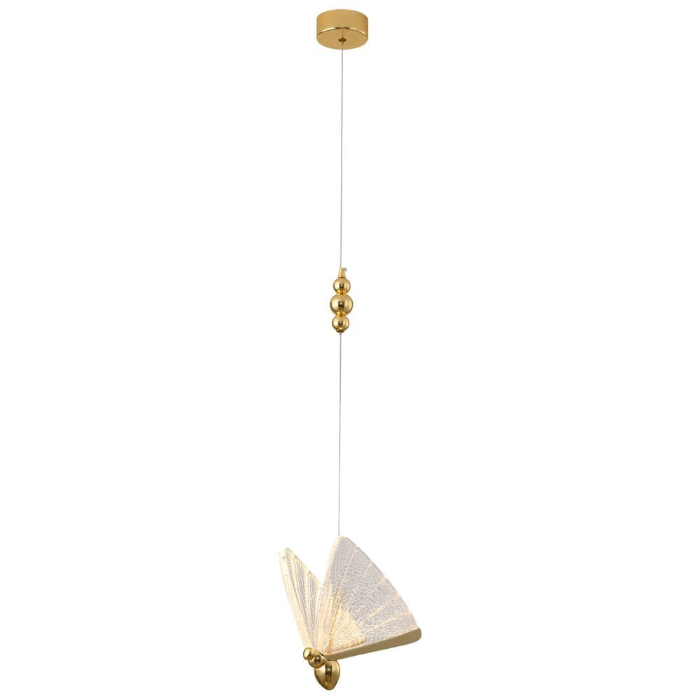 Lampa wisząca Bee 2xLED/4W w kolorze złotym, z metalowym kloszem w formie wachlarza. Zawieszona na cienkim przewodzie, z dekoracyjnymi kulkami w centralnej części. Prosta, elegancka konstrukcja, idealna do nowoczesnych wnętrz.