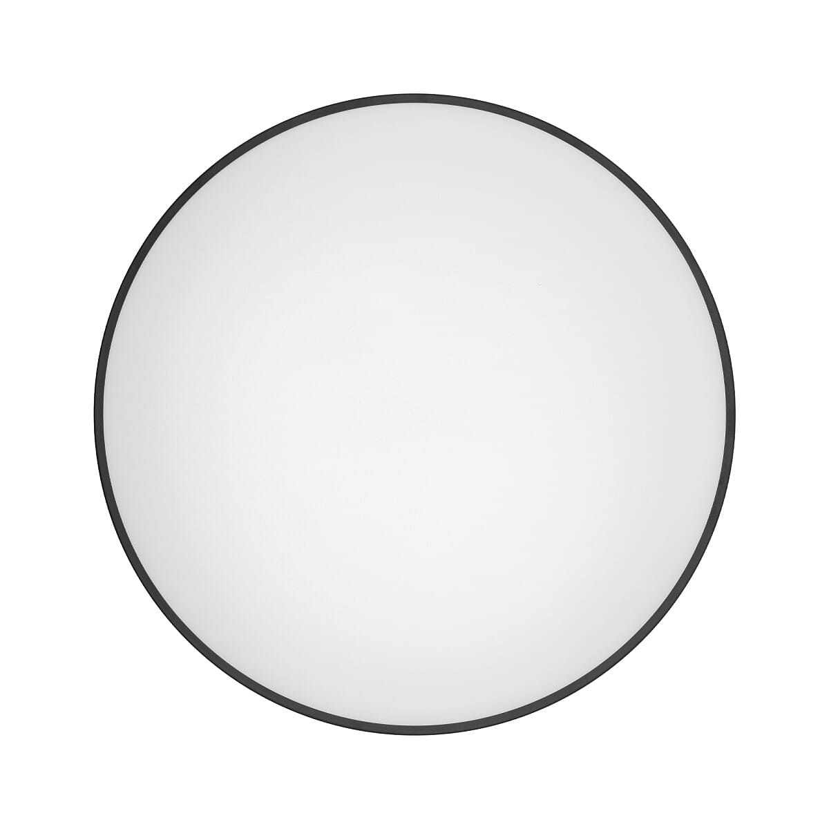 Plafon Agnes Round LED D64 w kolorze czarnym, okrągły, z białym kloszem. Ujęcie frontalne, ukazujące gładką powierzchnię, z czarną ramką. Produkt o mocy 64W i temperaturze barwowej 3000K, przeznaczony do użytku wewnętrznego, z klasą szczelności IP44.