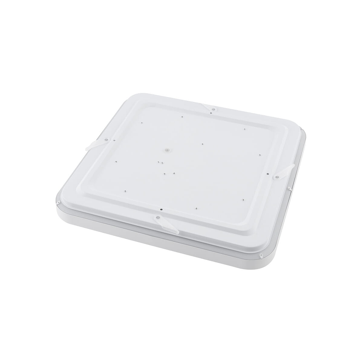 Plafon LED Agnes Square w kolorze białym, o wymiarach 43,5 cm, z mocą 32W i temperaturą barwową 3000K. Produkt ma kwadratowy kształt, z widocznymi mocowaniami na krawędziach, idealny do montażu w łazienkach (IP44).