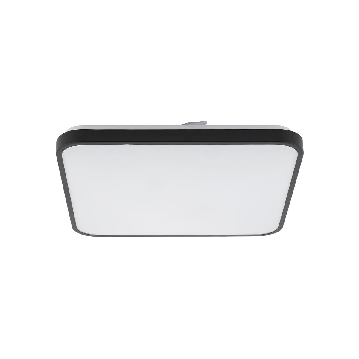 Plafon Agnes Square LED o wymiarach 43,5 cm, kolor czarny, z matowym białym kloszem. Posiada stopień ochrony IP44, moc 32W oraz barwę światła 4000K. Ujęcie z dołu, produkt montowany do sufitu.