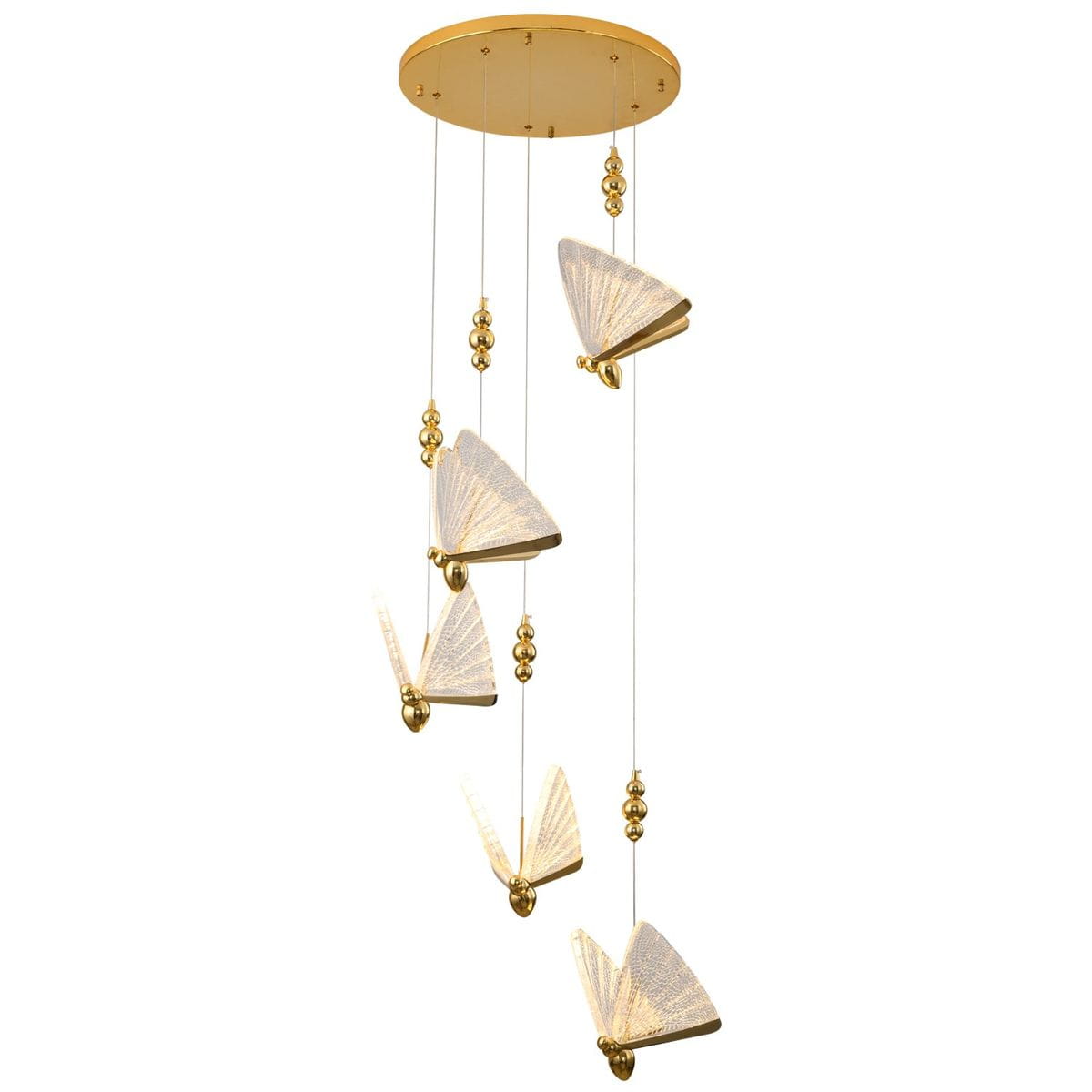 Lampa wisząca Bee w kolorze złotym z pięcioma kloszami LED o kształcie wachlarza, zawieszona na cienkich linkach. Klosze zdobione błyszczącymi kulkami, montowana na okrągłej, złotej podstawie. Idealna do nowoczesnych wnętrz.