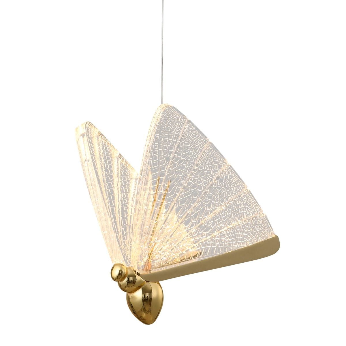 Lampa wisząca Bee z pięcioma diodami LED, o złotej podstawie i kloszu w kształcie skrzydeł owada. Klosz wykonany z przezroczystego materiału z delikatnym wzorem, zawieszona na cienkim kablu. Idealna do nowoczesnych wnętrz.