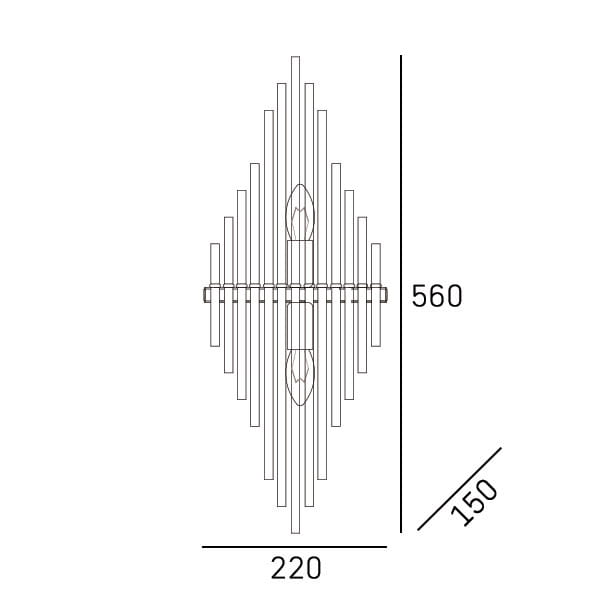 Reykjavik kinkiet 2-punktowy W02073CP w kształcie diamentu. Wymiary 560 mm wysokości i 220 mm szerokości. Wykonany z prostokątnych, pionowych elementów, w kolorze chromu. Otwory na żarówki umieszczone symetrycznie w centralnej części.